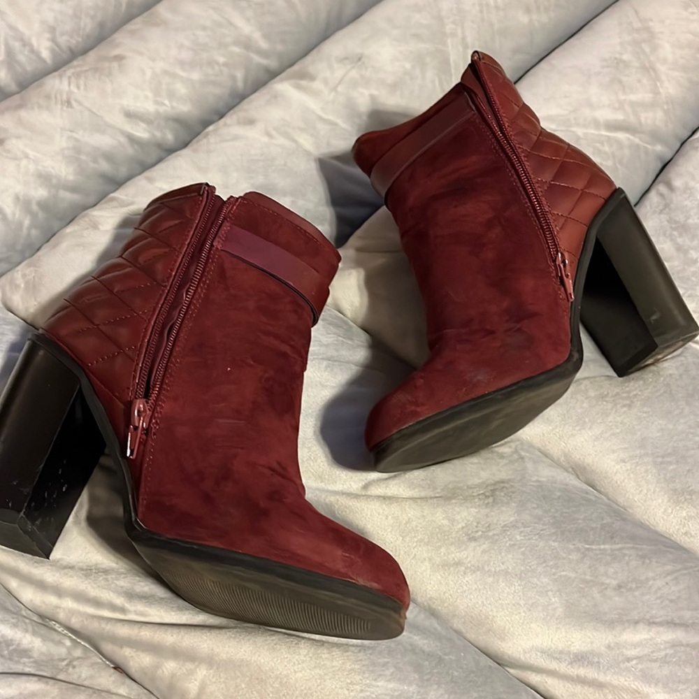 Maroon wedge heels moderately worn